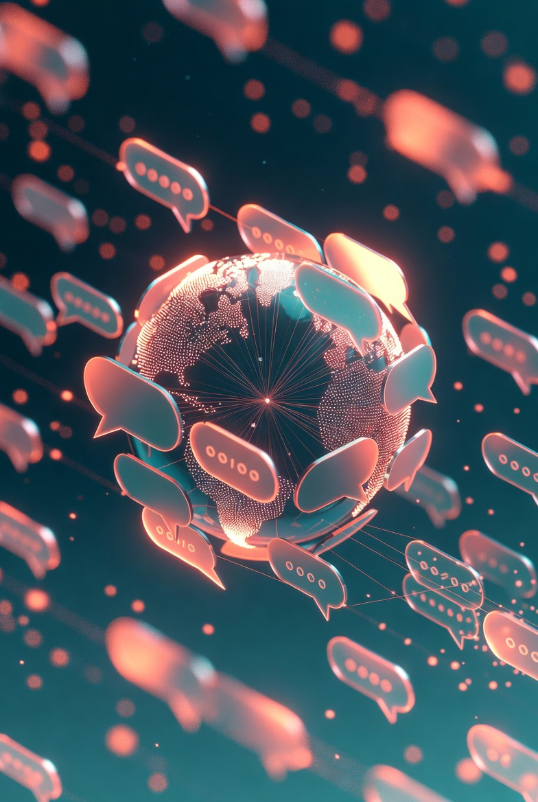 Abstract visualization of an AI travel conversation network shaped like a globe