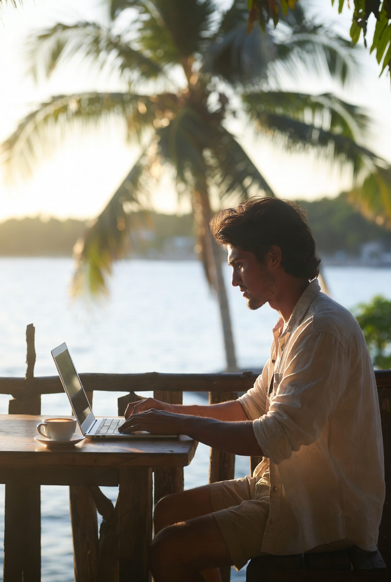 A remote worker at a laptop on a cafe terrace overlooking a tropical bay